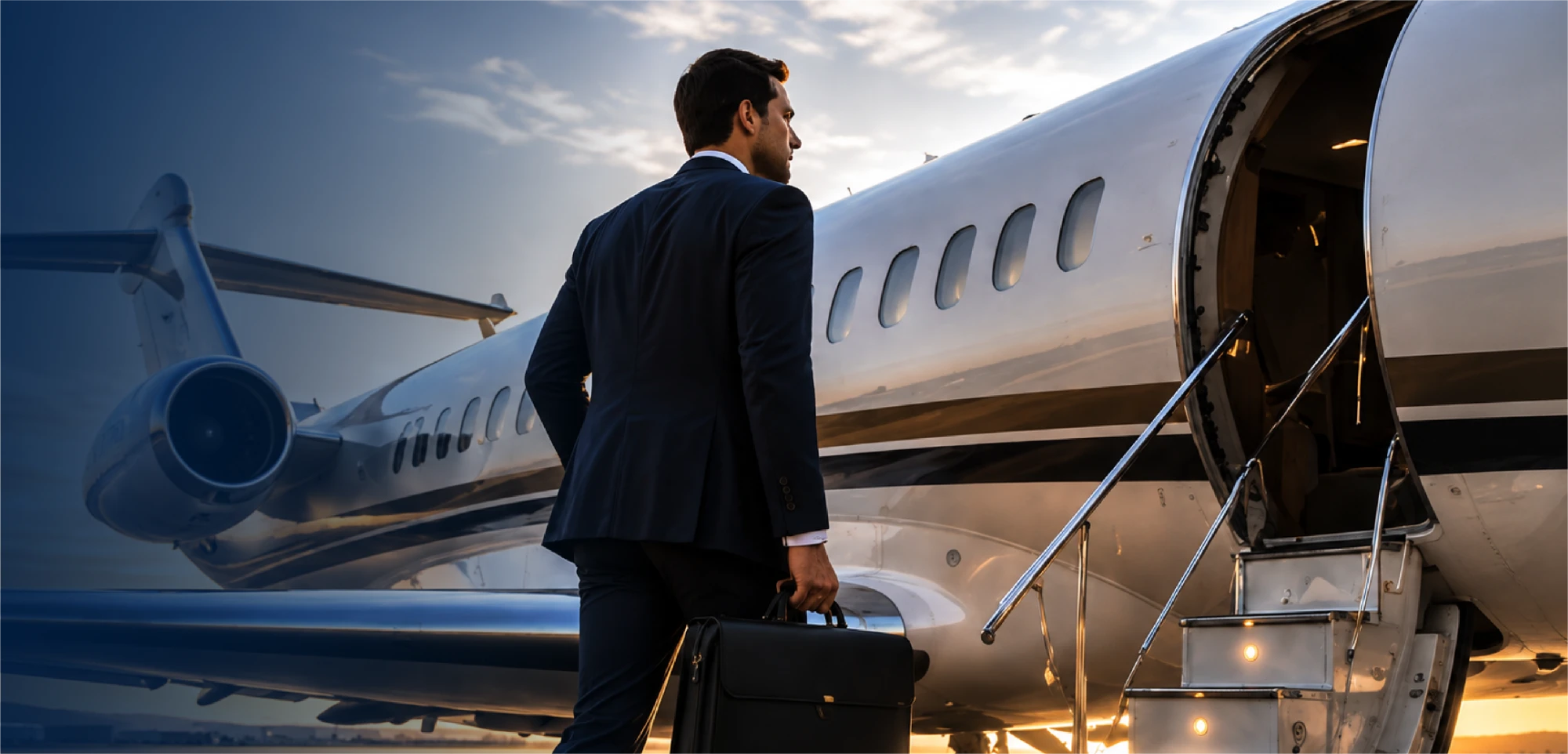 Executive boarding a private jet