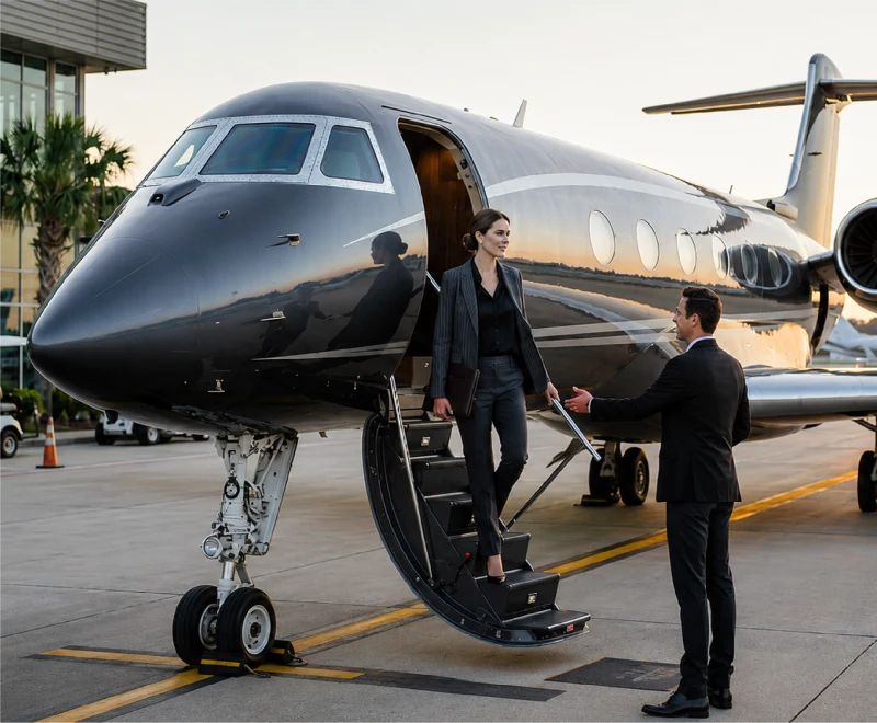 Passengers boarding a private charter jet