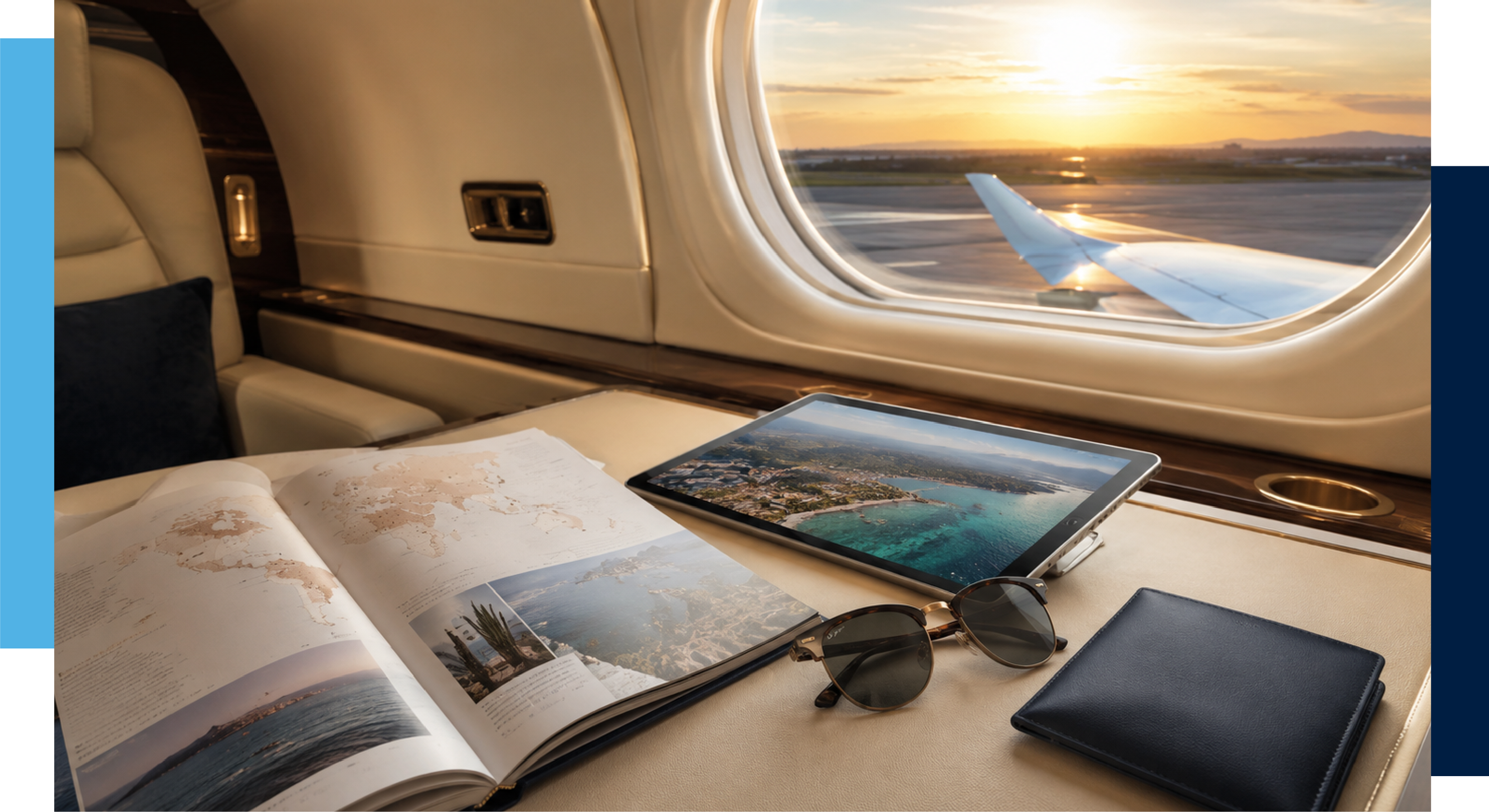 Private jet cabin with travel magazine and tablet by the window