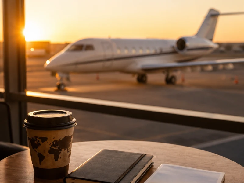 Private jet on tarmac at sunset