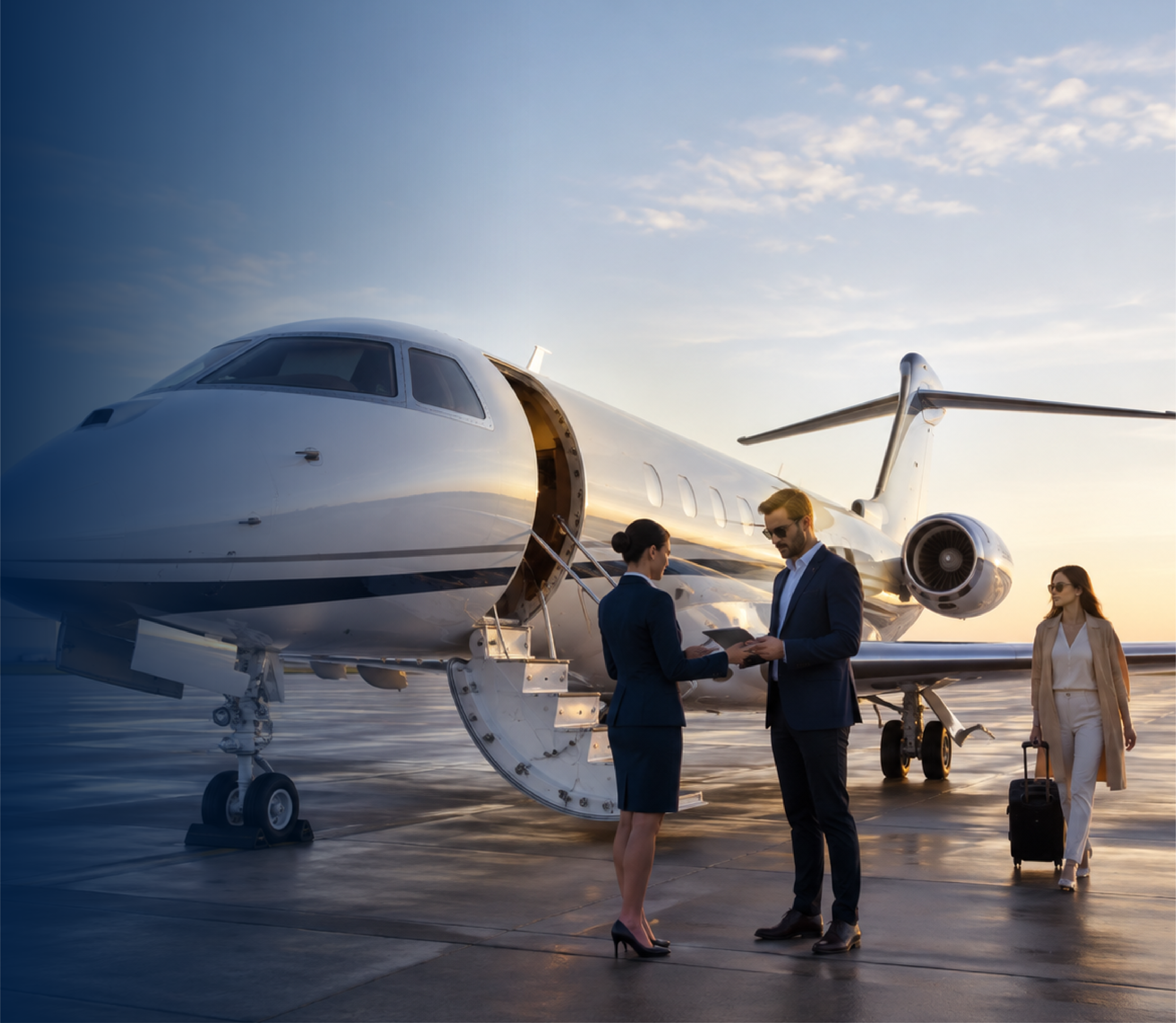 Passengers boarding a private jet at sunset